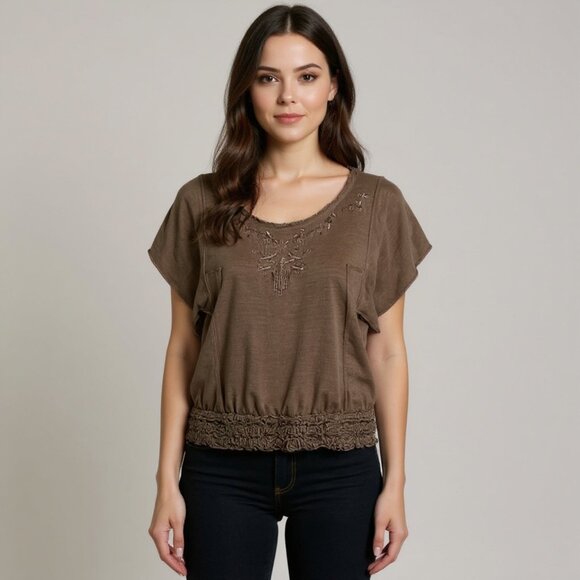 Free People Tops - Free People Easy Does It Tee Brown Beaded Top Size Small